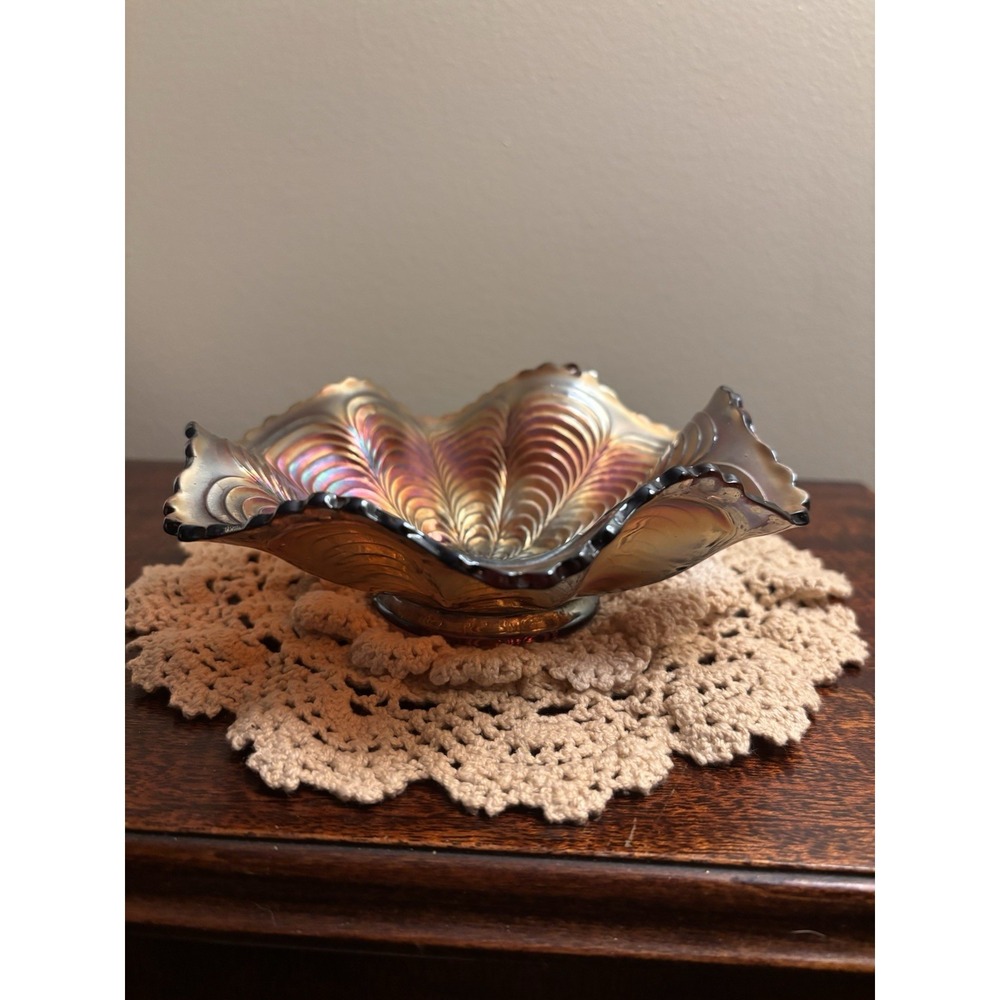 Vintage Fenton Marigold Carnival Glass Ruffled Bowl Peacock Tail Iridescent - Picture 10 of 11